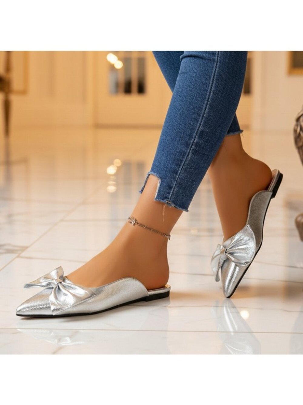 Oversized Bow Pointed Toe Flats Vegan Faux Leather Mules Open Back Slip-On Shoes
